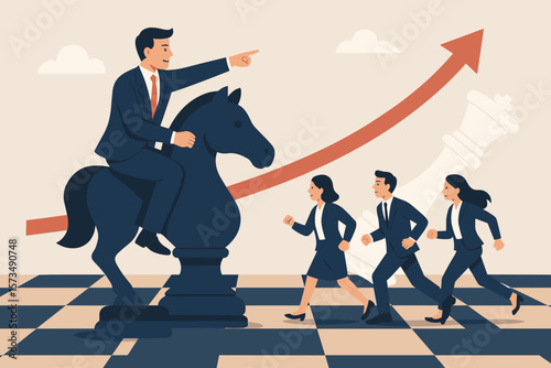 Business Leadership Strategy Concept, Teamwork for Success, Visionary Leader Riding Chess Knight, Corporate Growth, Motivation, Overcoming Challenges, Winning Competition