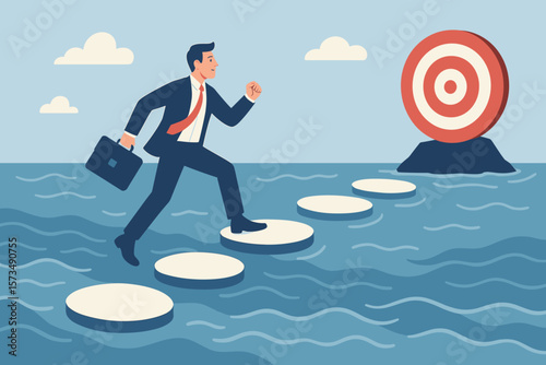 Businessman crossing stepping stones over water toward target, symbolizing success, progress, goal achievement, overcoming obstacles, personal growth, confidence, career development