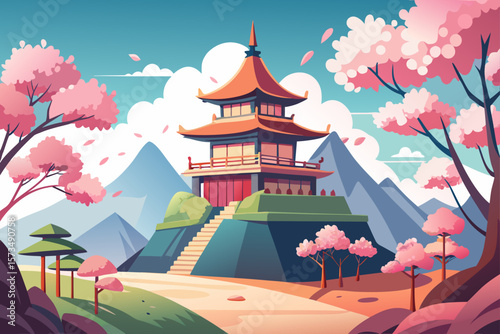 Serene Asian Temple Amidst Blooming Cherry Blossoms A Springtime Landscape Illustration