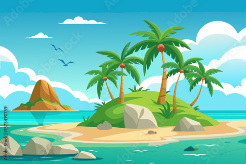 Tropical Island Paradise Idyllic Beach Scene with Lush Palm Trees and Turquoise Waters