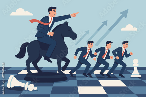 Business leadership metaphor with manager on chess knight leading team to success. Strategic move to win competition. Courage, confidence, strategy for growth and to overcome challenges.