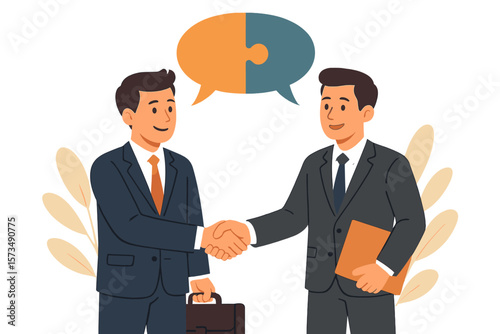 Successful business communication and partnership agreement concept, two businessmen shaking hands, discussion, negotiation, deal closing, teamwork, collaboration, perfect match connection
