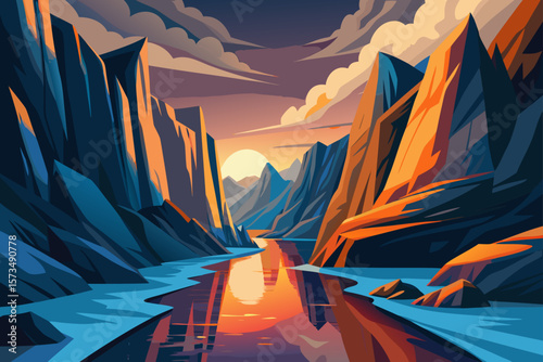 Sunset Canyon A Vibrant Digital Painting of a Mountain River