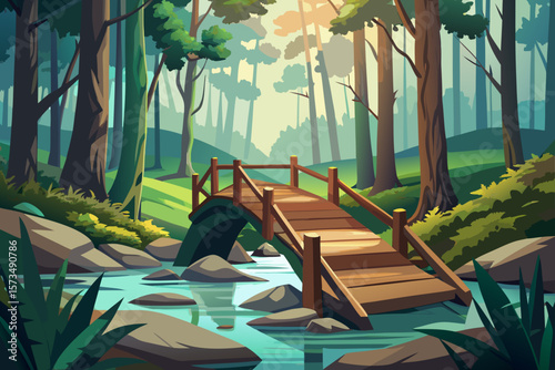 Serene Forest Bridge A Tranquil Landscape Illustration