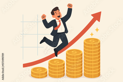 Happy businessman jumping on rising coins, financial growth, investment success, wealth increase, stock market profit, mutual fund return, money and business achievement concept