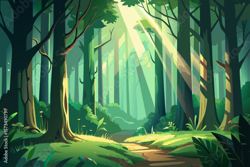 Sunlit Forest Path A Vibrant Digital Illustration of Nature's Serenity