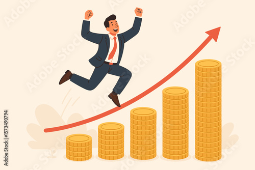 Successful businessman celebrating financial growth, jumping over rising stacks of gold coins, upward arrow, investment, wealth accumulation, stock market, profit, money success