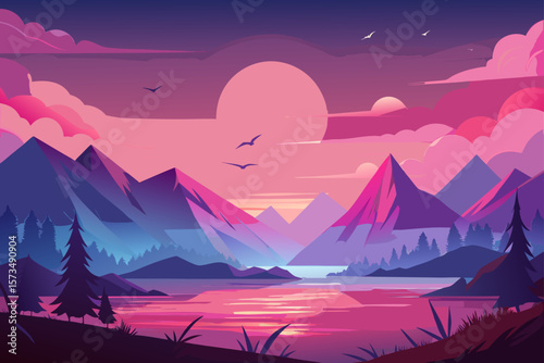 Vibrant Sunset Landscape Pink and Purple Mountain Lake Scene