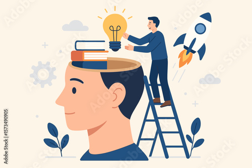 Upskill knowledge development concept. Man putting light bulb idea, books, rocket into human head. Learning new skills, innovation, creativity, job qualification improvement, education.