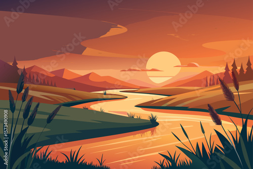 Serene Sunset Landscape River, Mountains, and Golden Hour