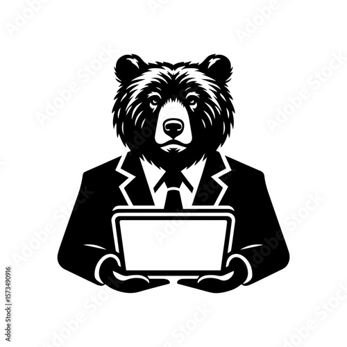 A stylized bear wearing a suit and tie, holding a blank tablet screen.
