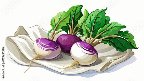 Clean organic turnips, round and purple-white, with thin roots and fresh green tops, lie gently across a white cloth, embodying simplicity, nutrition, and vintage market charm in design.