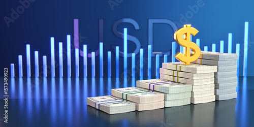 USD dollar sign on money stacks, financial growth and investment concept