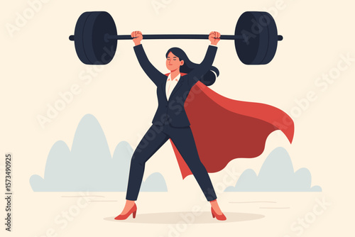 Confident businesswoman in suit and red cape lifting heavy barbell, symbolizing female leadership, empowerment, ambition, success, strength, determination, and business hero concept