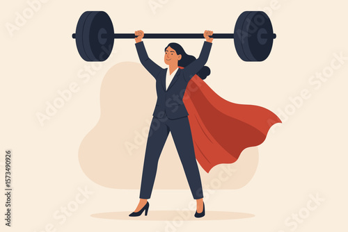 Confident businesswoman leader in suit and red cape lifting heavy barbell, symbolizing female strength, empowerment, ambition, success, leadership, pride, and determination in business