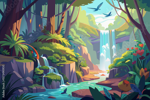 Lush Rainforest Waterfall Landscape Serene Nature Illustration