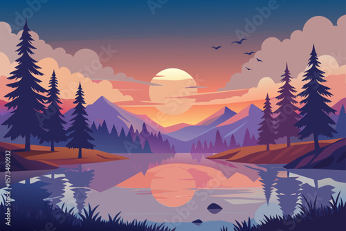 Serene Sunset Landscape Mountain Lake Reflection at Dusk