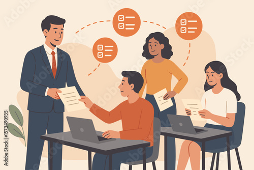 Business manager delegating tasks to diverse team, distributing work assignments, project management, teamwork, leadership, office collaboration, responsibility, staff communication