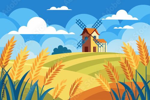 Serene Countryside Windmill and Golden Wheat Fields Illustration