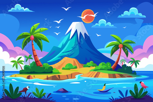 Tropical Paradise Island Volcanic Peak, Palm Trees, and Azure Ocean