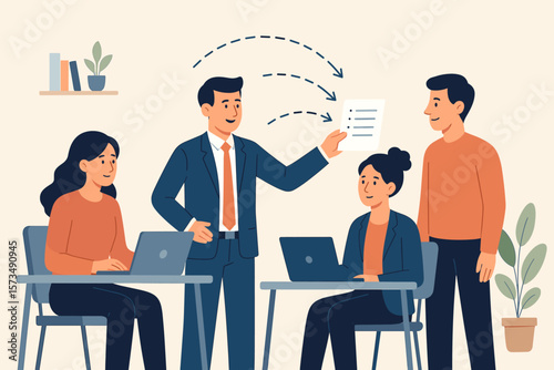 Work delegation concept. Manager distributing work assignments to team members. Businessman assigning tasks and projects to staff. Leadership and responsibility in office.