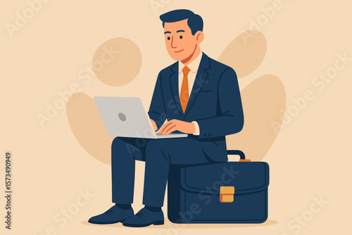 Confident businessman in suit working on laptop, professional employee with briefcase, specialist skills, occupation, administrator, career expertise, employment concept
