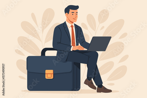 Confident professional businessman working on a laptop, sitting on a giant briefcase. A vector concept illustrating work experience, expertise, specialist skills, and employment.