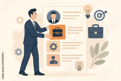 Professional resume work experience and skills. Businessman presenting qualifications, expertise, job opportunity, competence, certification. Career profile, recruitment concept.