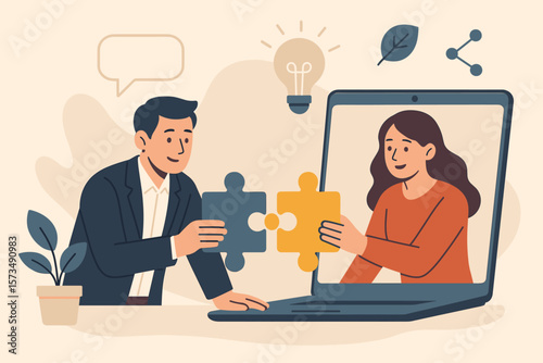 Teamwork collaboration solving problems hybrid work online meeting partnership concept. Businessman and businesswoman connect puzzle pieces virtual conference call success