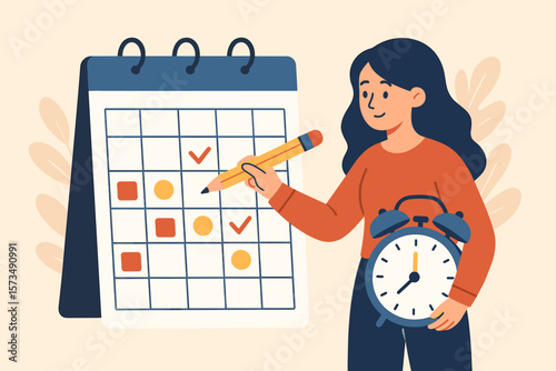 Time management concept. Work schedule planning. Woman with pencil marks calendar for business appointments, events. Project management timeline. Deadline reminder vector.