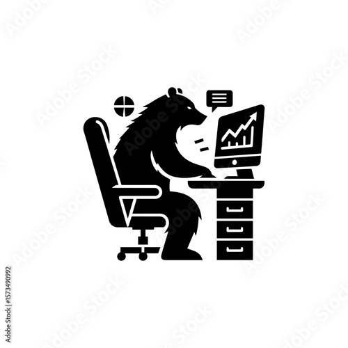 A bear sits at a desk, working on a computer displaying a stock market chart.