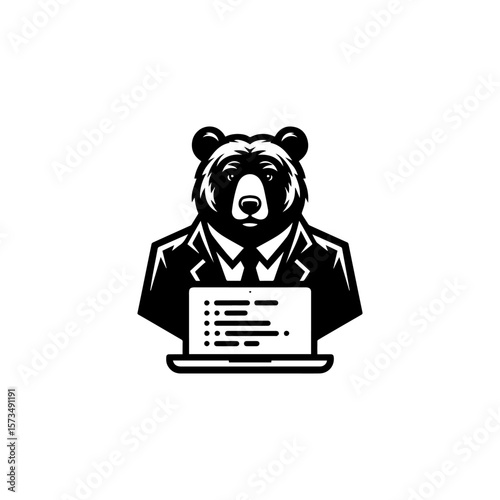 A stylized bear wearing a suit, working on a laptop computer.