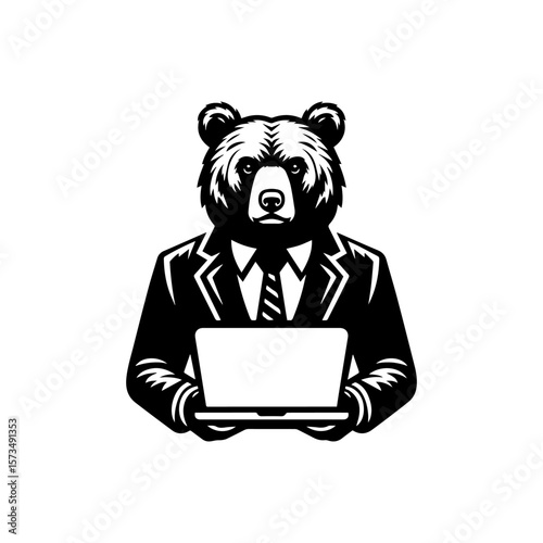 Stylized illustration of a bear wearing a suit and tie while holding a laptop.