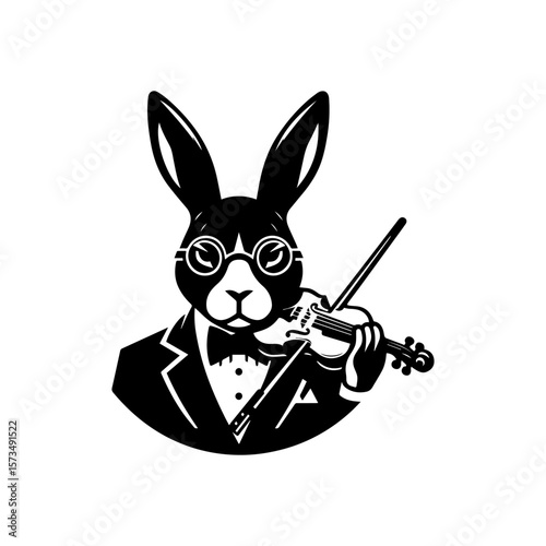 A rabbit dressed in a tuxedo and glasses plays the violin in a black and white illustration.