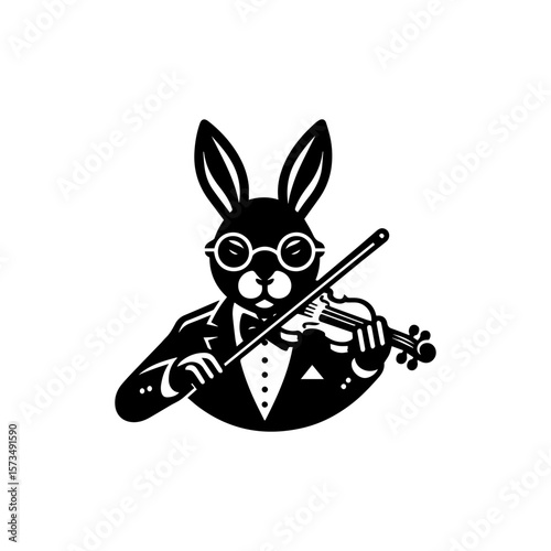 A sophisticated rabbit, wearing glasses and tuxedo, playing a violin.