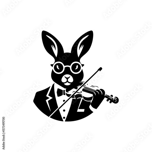 A black and white illustration of a rabbit playing the violin, wearing glasses and a tuxedo.
