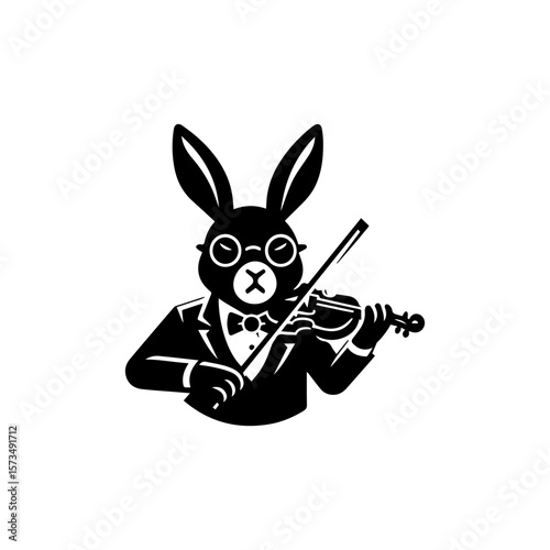 A black and white illustration of a rabbit playing a violin.