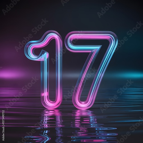 Glowing neon number 17 futuristic typography with luminous reflection, cyberpunk light design for birthdays, signage, posters, events, branding and modern creative artwork visuals, Generative AI  
