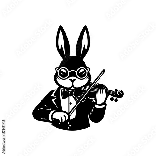 A rabbit wearing a tuxedo and glasses plays the violin in a black and white illustration.