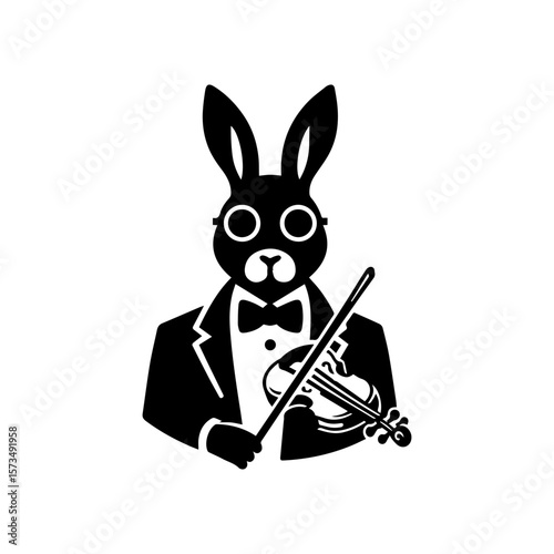 A black and white illustration of a rabbit wearing glasses and a tuxedo, playing the violin.