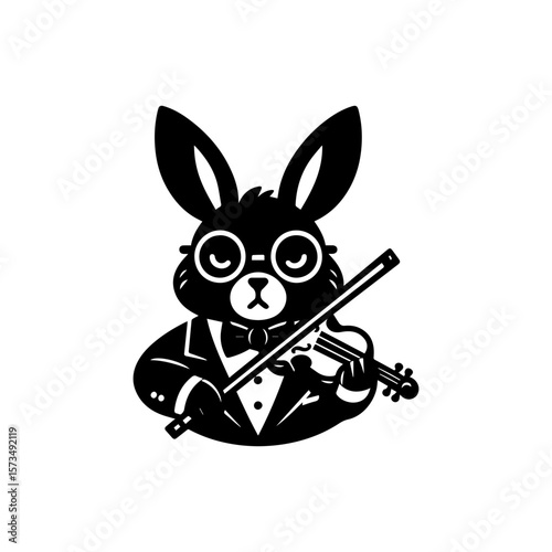 A black and white illustration of a rabbit playing a violin, wearing glasses and a tuxedo.