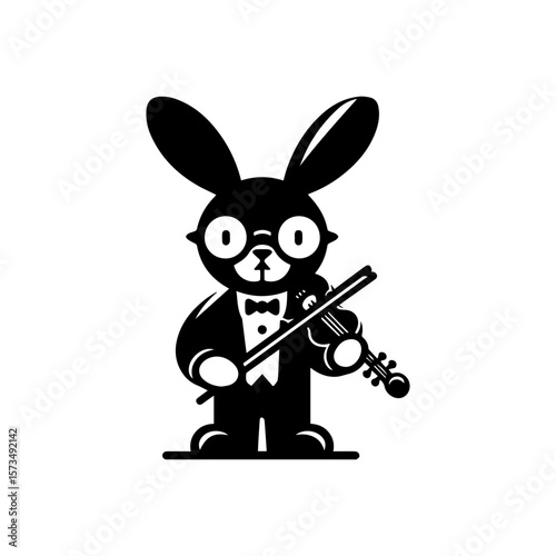 Cartoon rabbit wearing glasses and tuxedo, playing the violin in black and white.