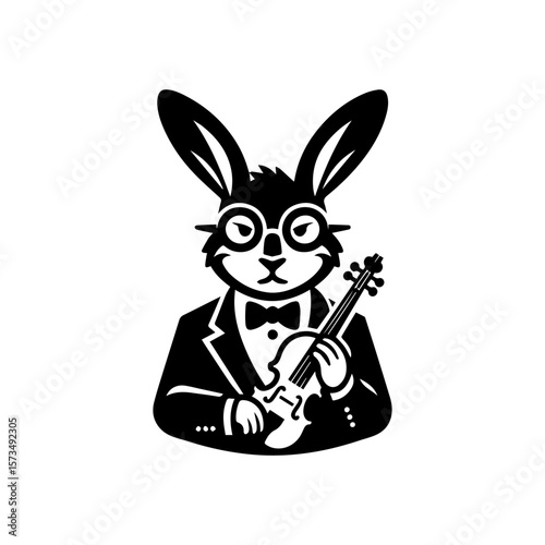 A sophisticated rabbit wearing a tuxedo and spectacles, playing a violin.