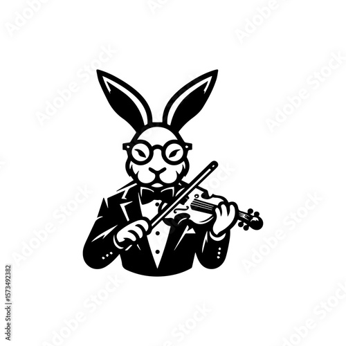 A rabbit wearing glasses and a tuxedo plays a violin.