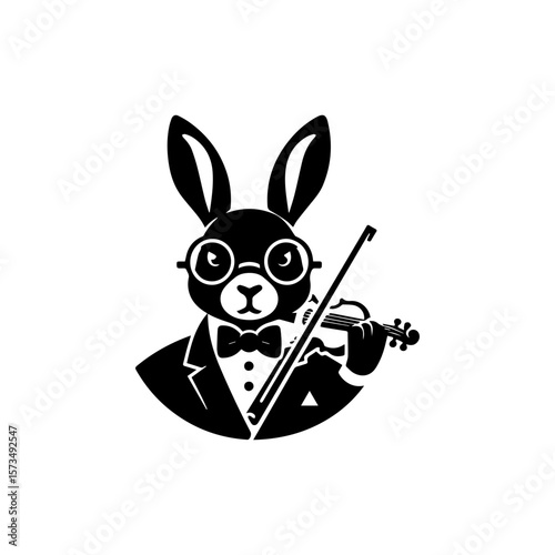 A sophisticated rabbit, wearing glasses and bow tie, plays a violin.