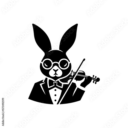 A stylized black and white illustration of a rabbit wearing glasses, a suit, and playing the violin.