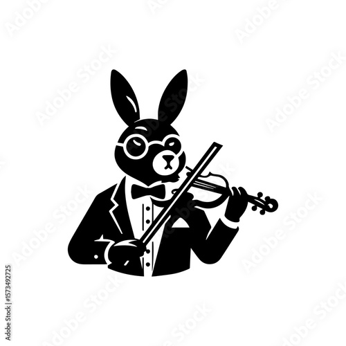 A dapper rabbit in a tuxedo plays a violin with stylish glasses.