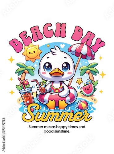 Cute duck enjoying a beach day with drinks and watermelon summer vacation t shirt design
