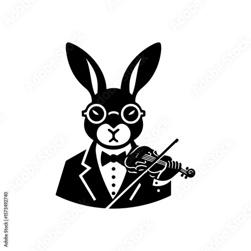 A sophisticated rabbit wearing glasses and a bow tie, playing the violin.