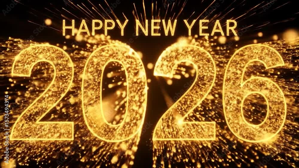 Sparkling 'Happy New Year 2026' text on black. Gold light trails and fireworks effect give a festive, celebratory mood